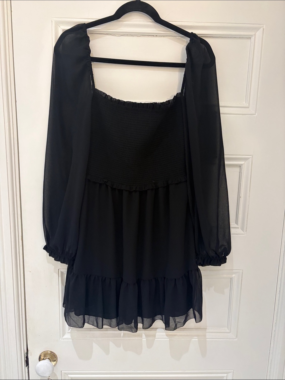 Aritzia Black Smocked Mini Dress with Sheer Long Sleeves